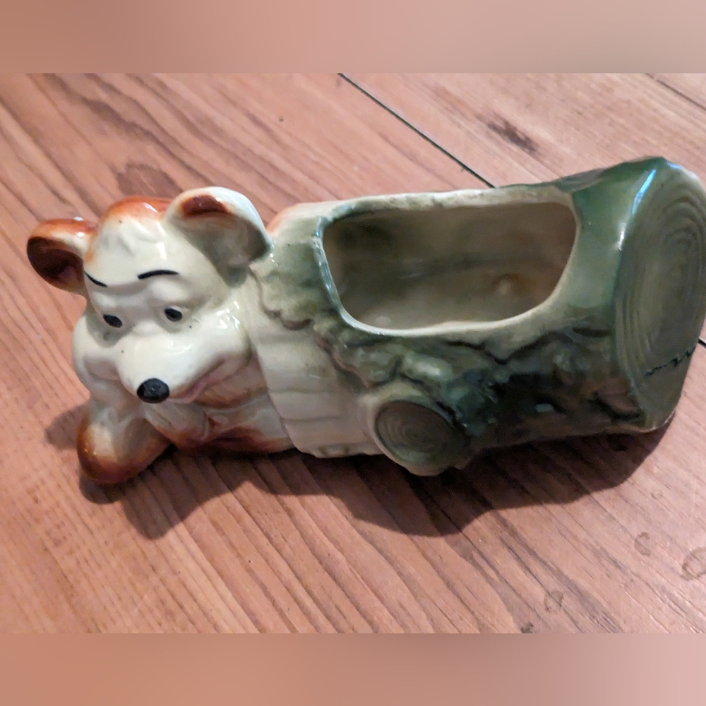 Vintage American Bisque Bear Log Planter
